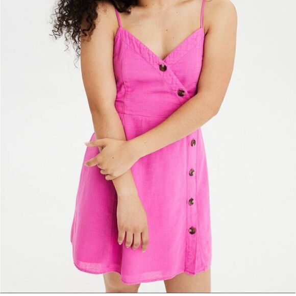 American Eagle Outfitters linen asymmetrical button up mini Pink dress - Picture 1 of 11